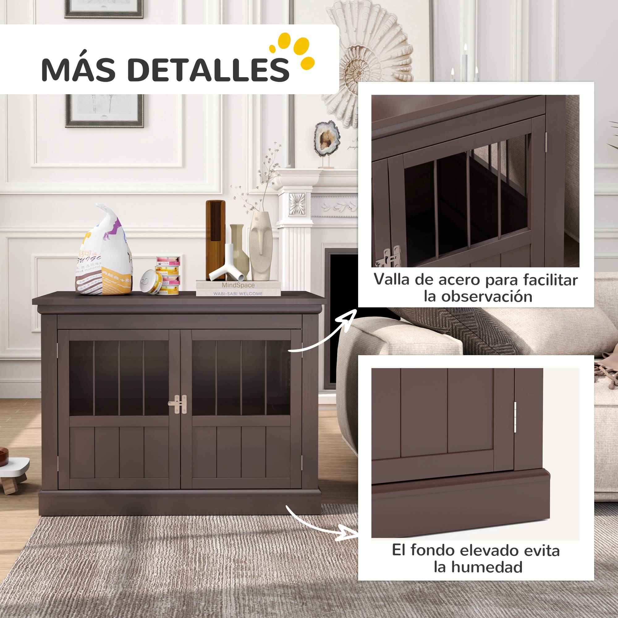 Cage pour petit chien, table d'appoint moderne, 3 portes, fermeture magnétique, 78x53x59,3 cm, café - Image 8