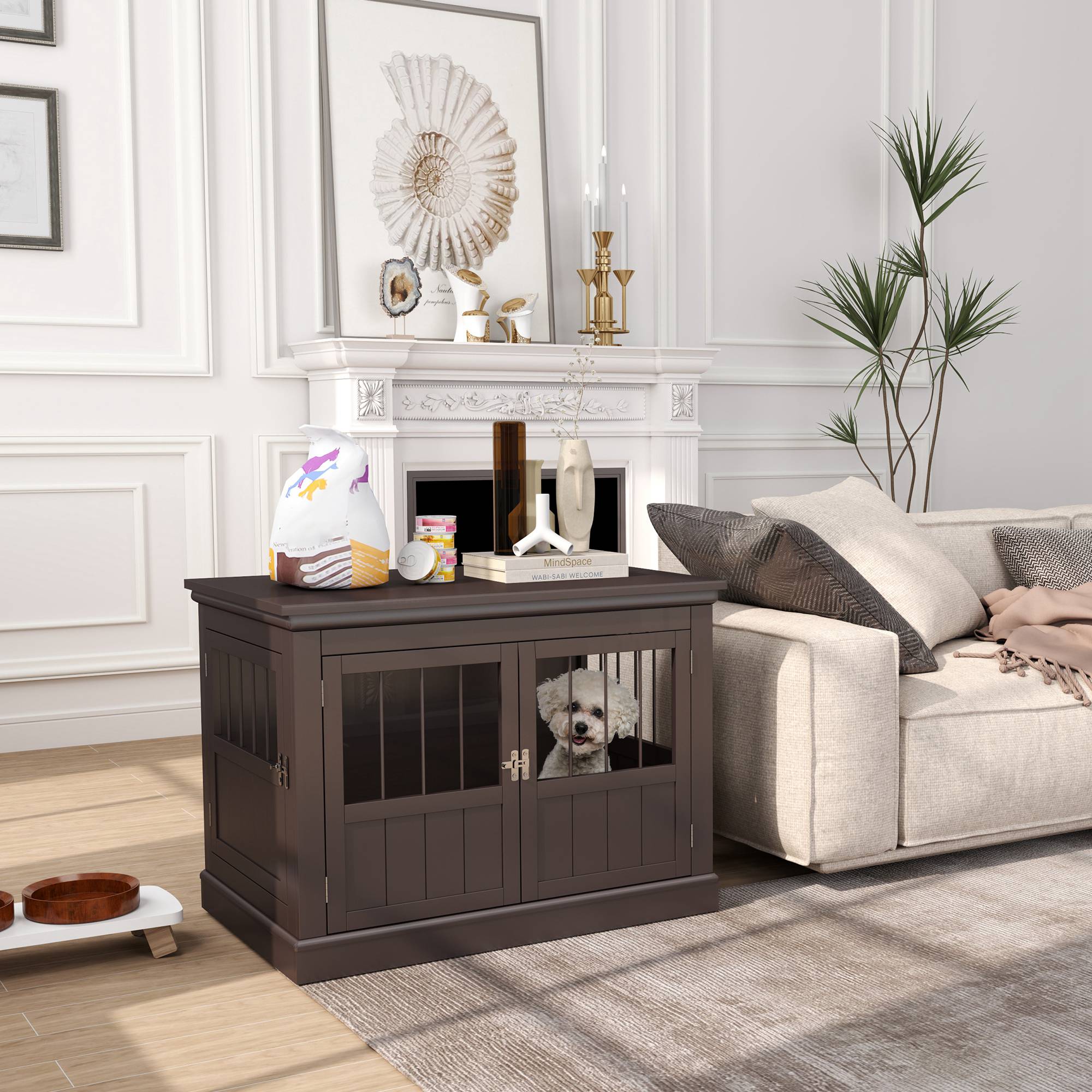 Cage pour petit chien, table d'appoint moderne, 3 portes, fermeture magnétique, 78x53x59,3 cm, café - Image 3