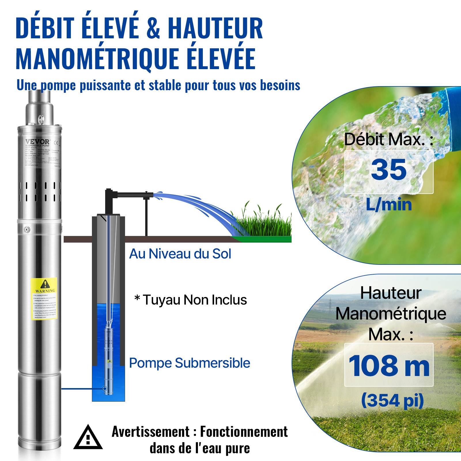VEVOR Pompe Immergée Pompe à Eau pour Puits Profond Inox 550 W 2100 L/h 108 m - Image 3