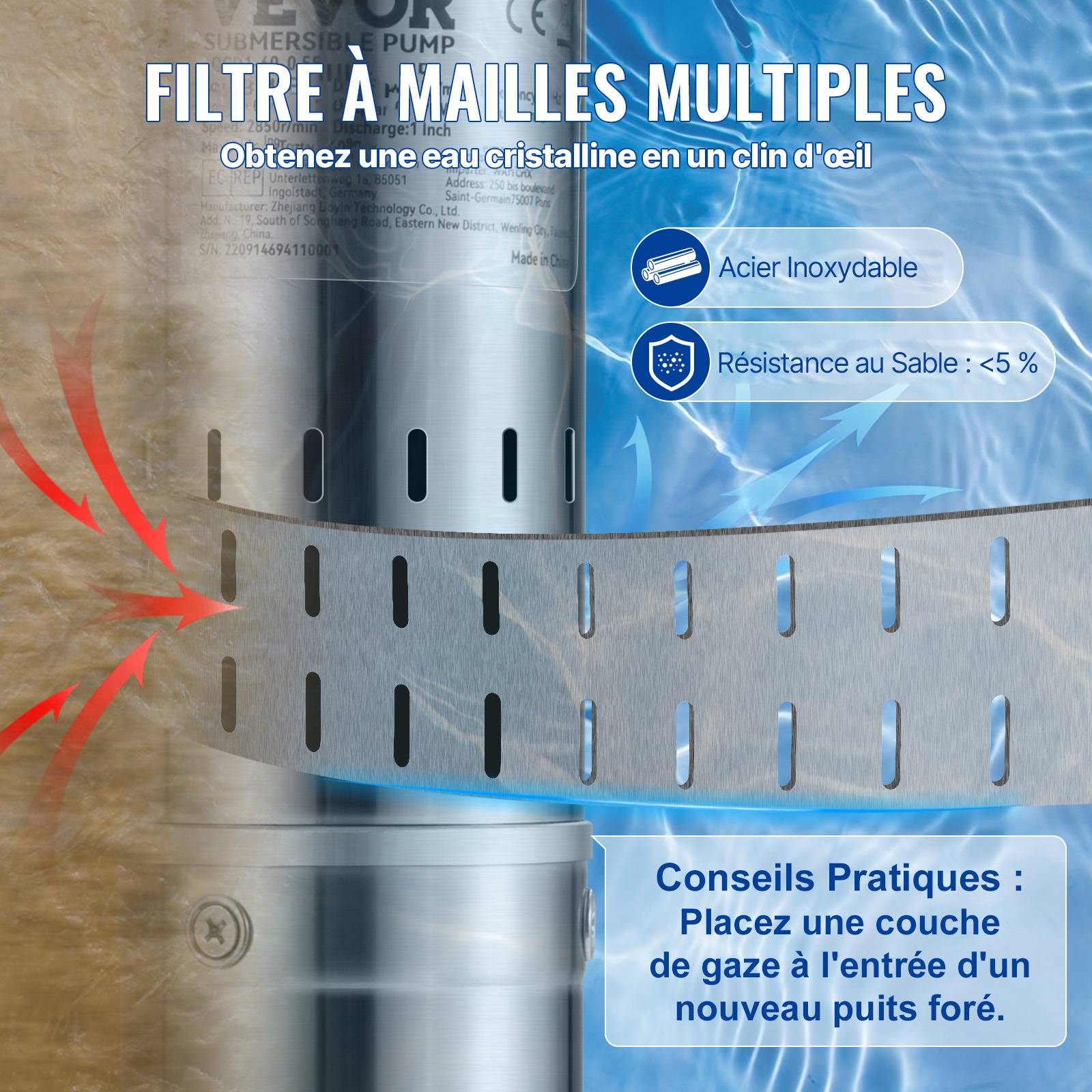 VEVOR Pompe Immergée Pompe à Eau pour Puits Profond Inox 550 W 2100 L/h 108 m - Image 6
