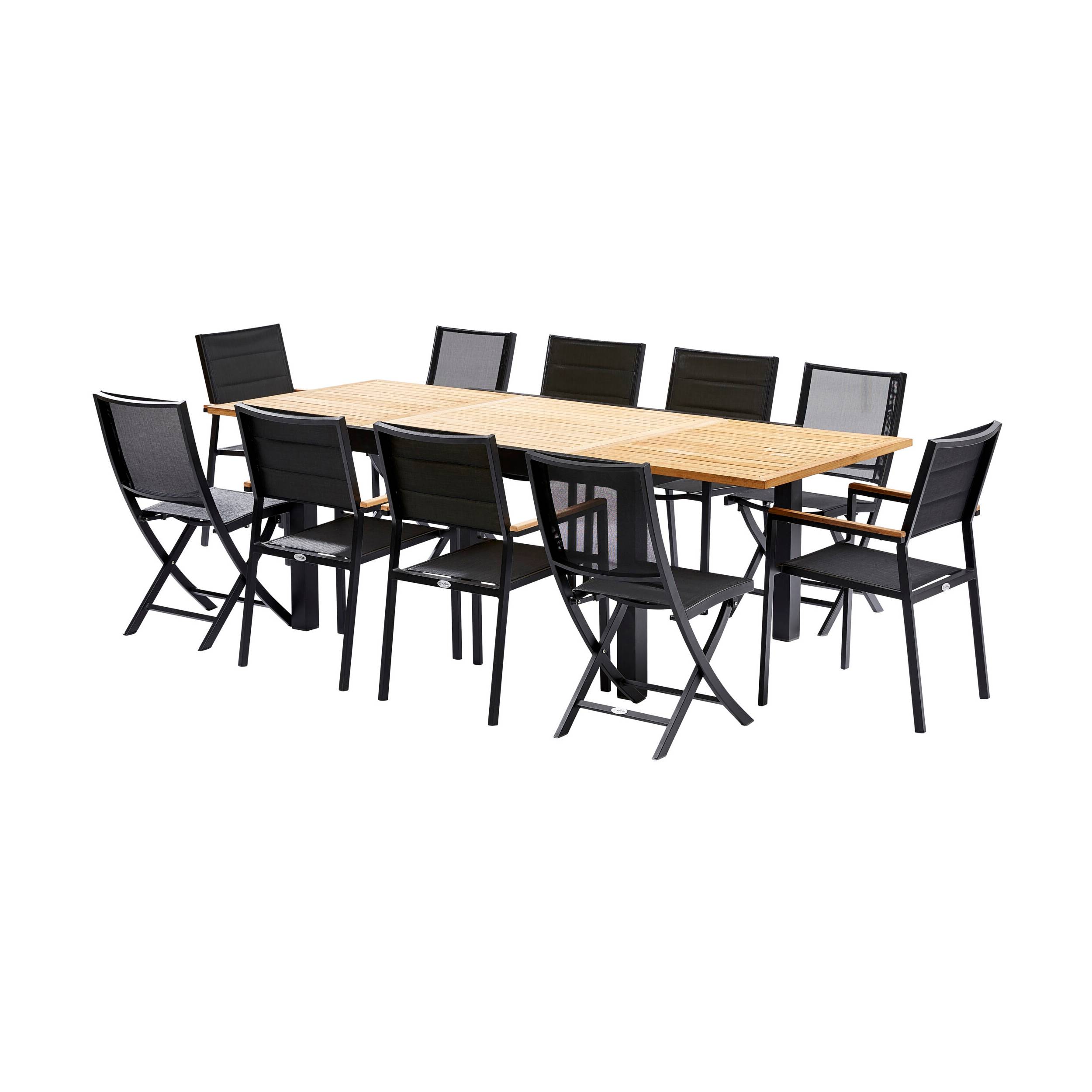 Wilsa Garden - Ensemble BALITECK 6/10p en aluminium noir et plateau en Teck avec 6 fauteuils et 4 chaises pliantes en aluminium et textilène - Image 1