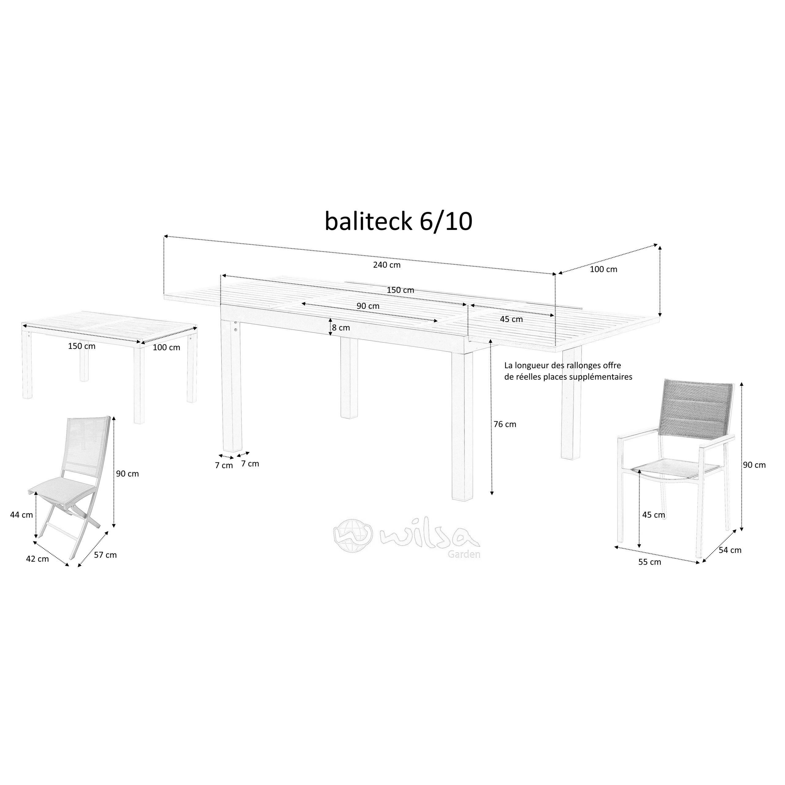 Wilsa Garden - Ensemble BALITECK 6/10p en aluminium noir et plateau en Teck avec 6 fauteuils et 4 chaises pliantes en aluminium et textilène - Image 6