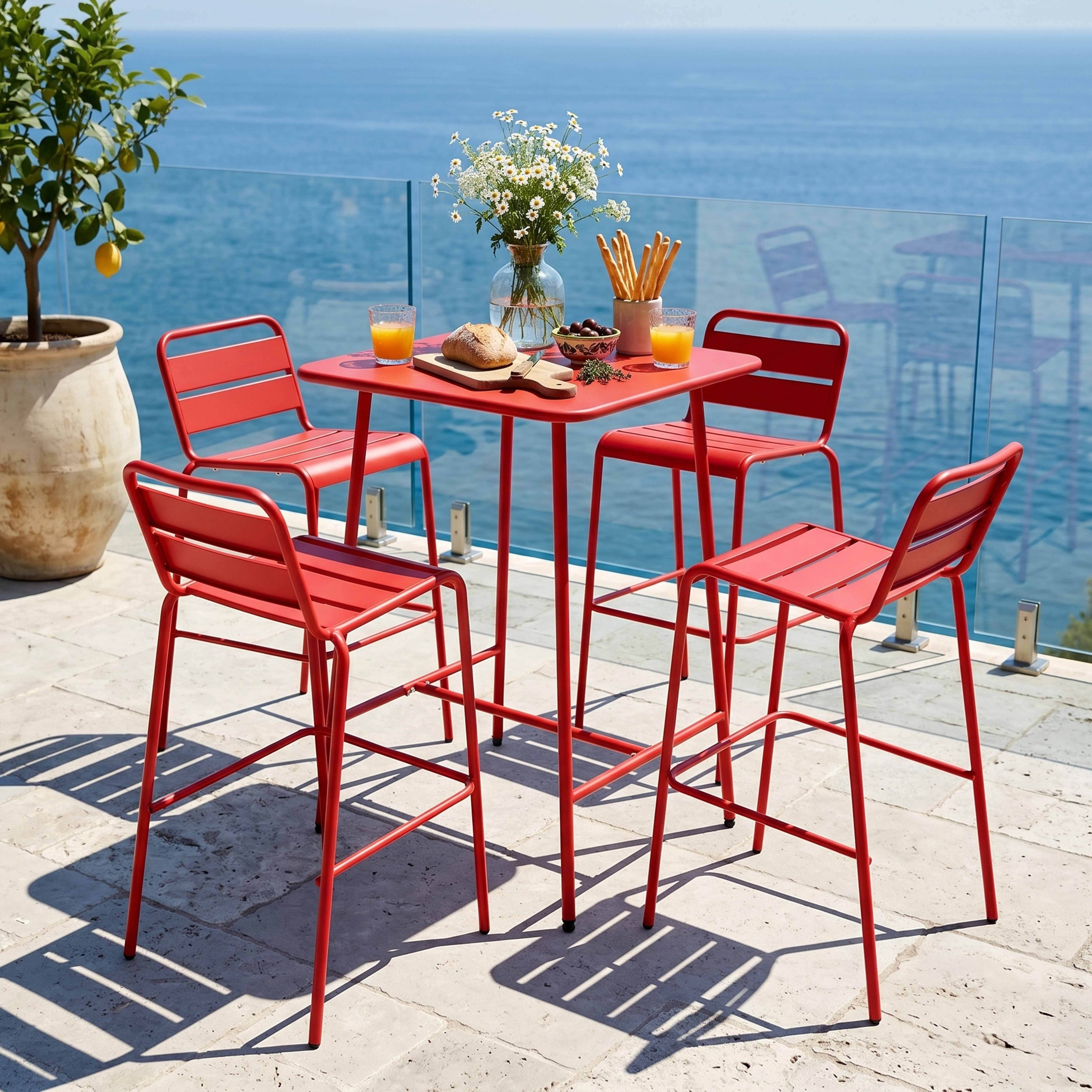 Oviala - Ensemble table de bar et 4 chaises hautes en métal rouge Palavas - Oviala - Image 2