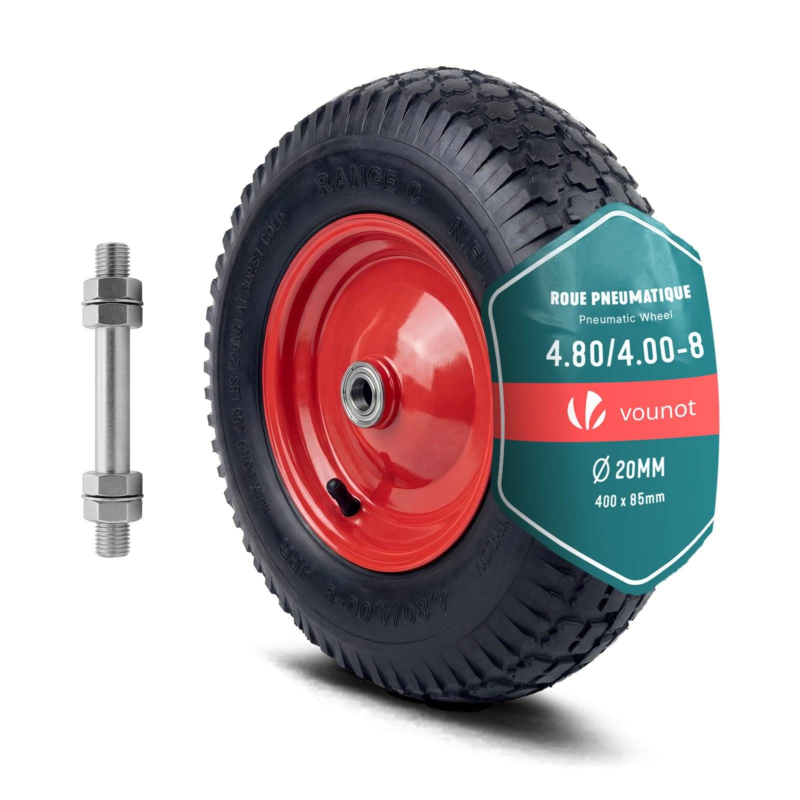Vounot - Roue gonflable robuste 4.80/4.00-8 pour chariot brouette alesage 20mm 400x85mm rouge - Image 1