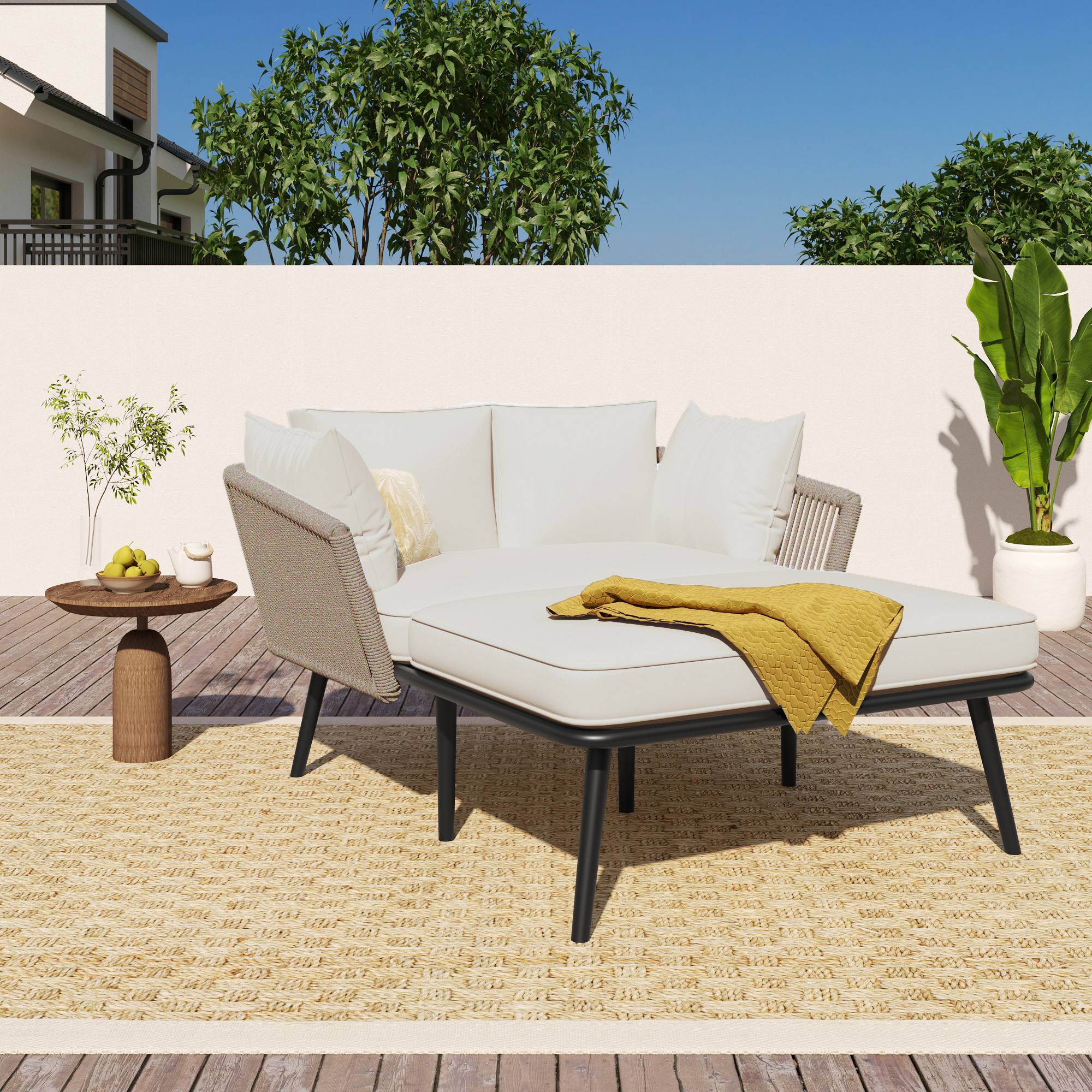 Ensemble détente extérieur avec 1 Bain de Soleil 2 Coussins et 2 Matelas Polyester Kaki - Image 2