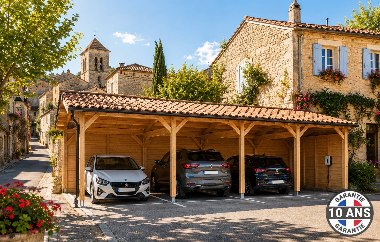 Cpbf Charpentes - Carport bois 2 pentes en bois douglas 34 m², 10 poteaux. Abri voiture extérieur. Garantie 10 ans. - Image 1