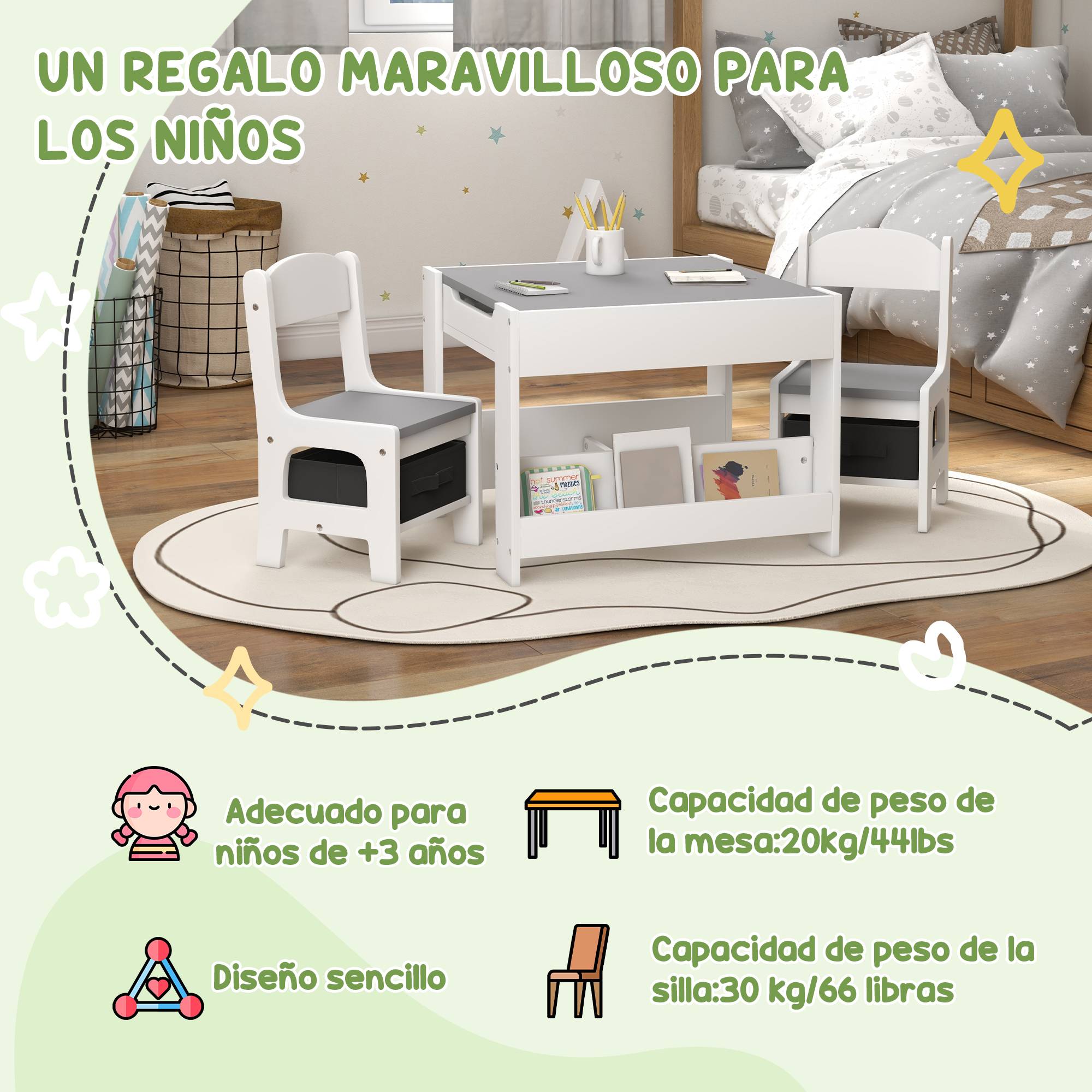 Jeu table et chaises enfant 3-en-1 avec ardoise, tiroirs tissus et rangement, blanc et gris - Image 7