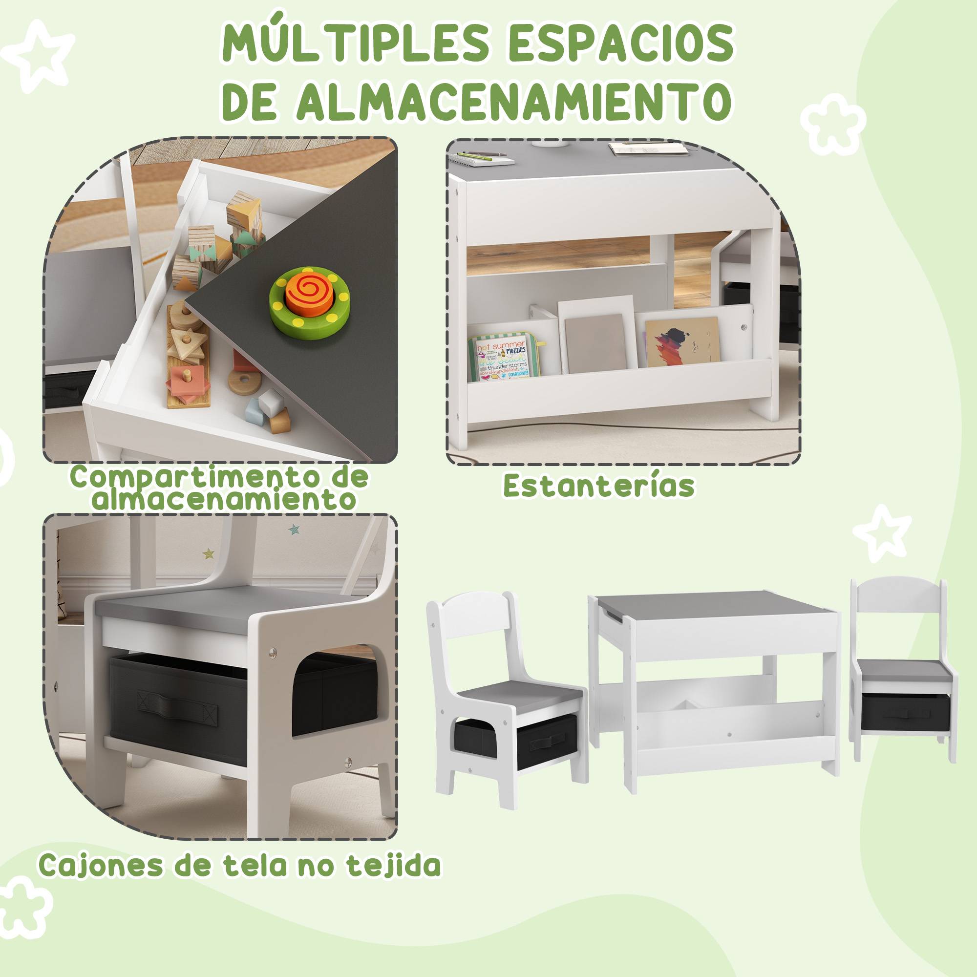 Jeu table et chaises enfant 3-en-1 avec ardoise, tiroirs tissus et rangement, blanc et gris - Image 8