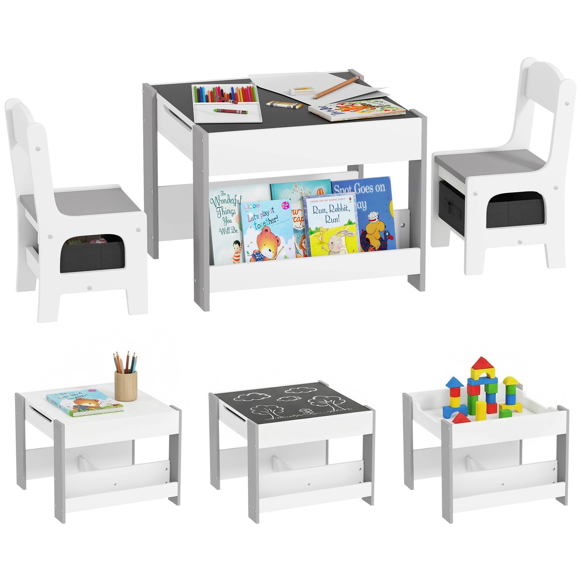 Jeu table et chaises enfant 3-en-1 avec ardoise, tiroirs tissus et rangement, blanc et gris - Image 1