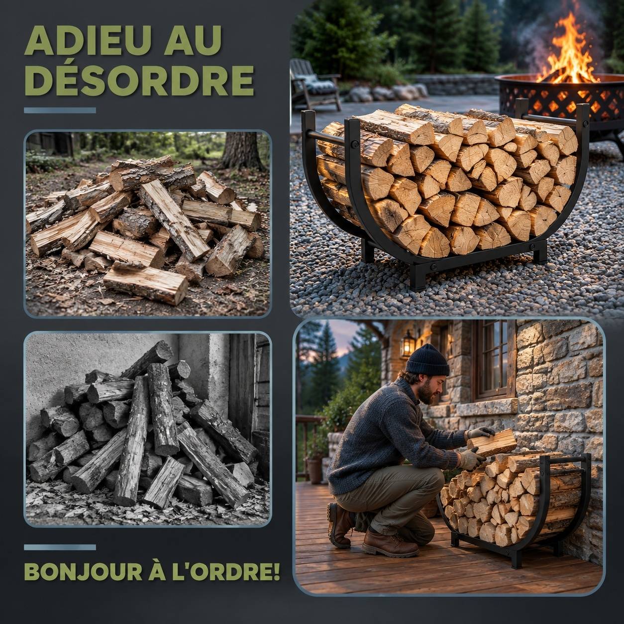 Support à Bois Métal Intérieur Extérieur Pliable Noir - Image 2