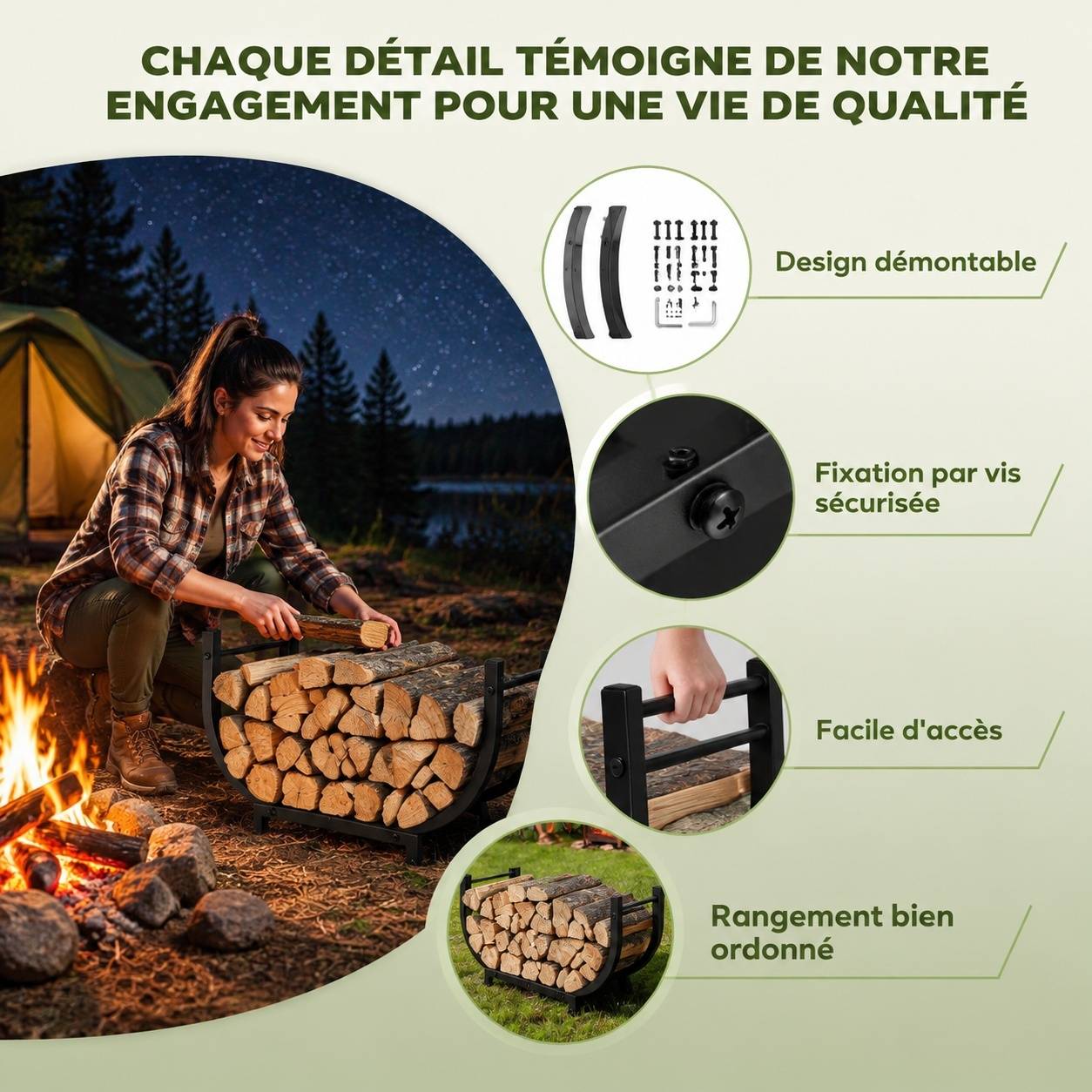 Support à Bois Métal Intérieur Extérieur Pliable Noir - Image 4