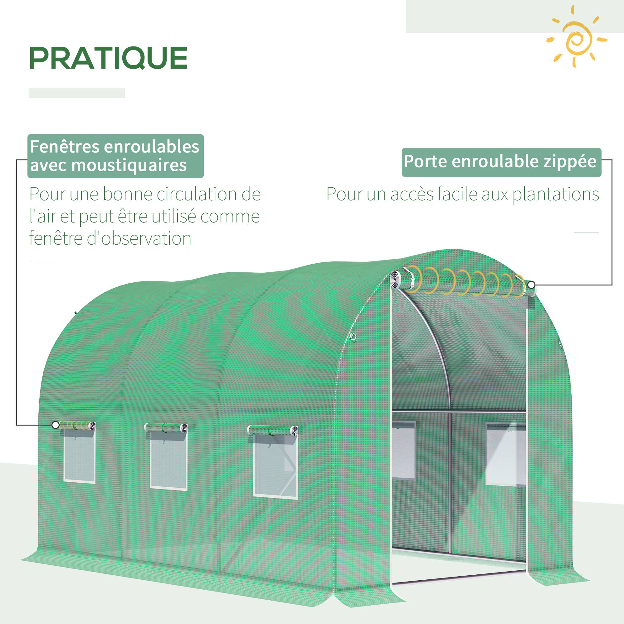 Serre de Jardin Tunnel Surface Sol 6 m² 3L x 2l x 2H m acier Porte zippée 6 fenêtres enroulables Vert - Image 8