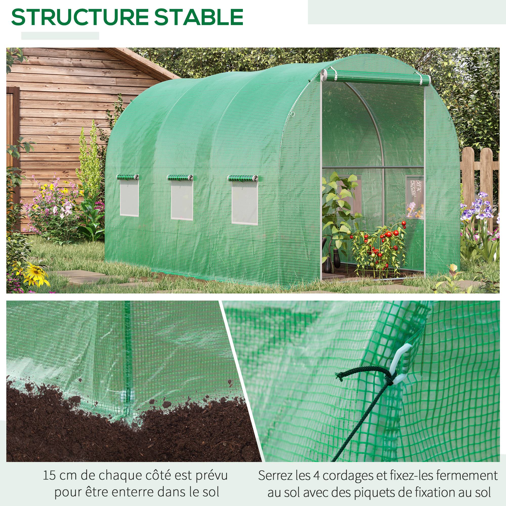 Serre de Jardin Tunnel Surface Sol 6 m² 3L x 2l x 2H m acier Porte zippée 6 fenêtres enroulables Vert - Image 7