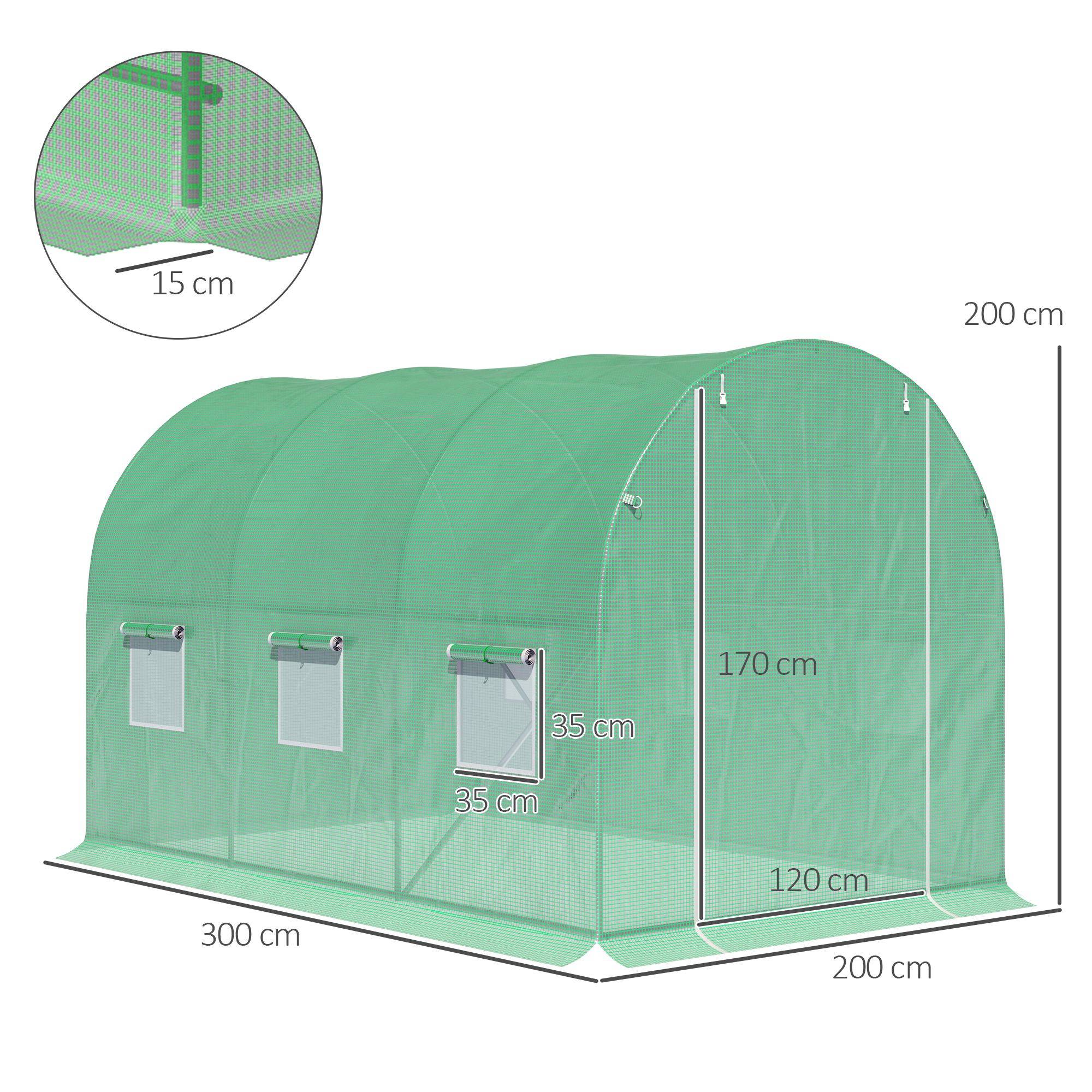 Serre de Jardin Tunnel Surface Sol 6 m² 3L x 2l x 2H m acier Porte zippée 6 fenêtres enroulables Vert - Image 5
