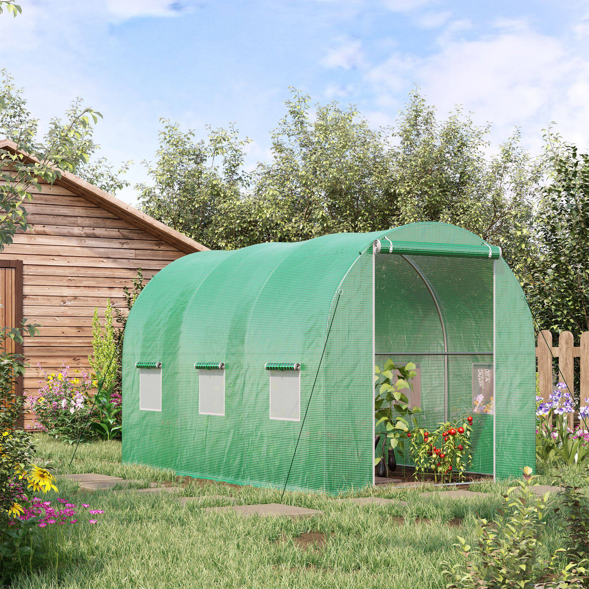 Serre de Jardin Tunnel Surface Sol 6 m² 3L x 2l x 2H m acier Porte zippée 6 fenêtres enroulables Vert - Image 3
