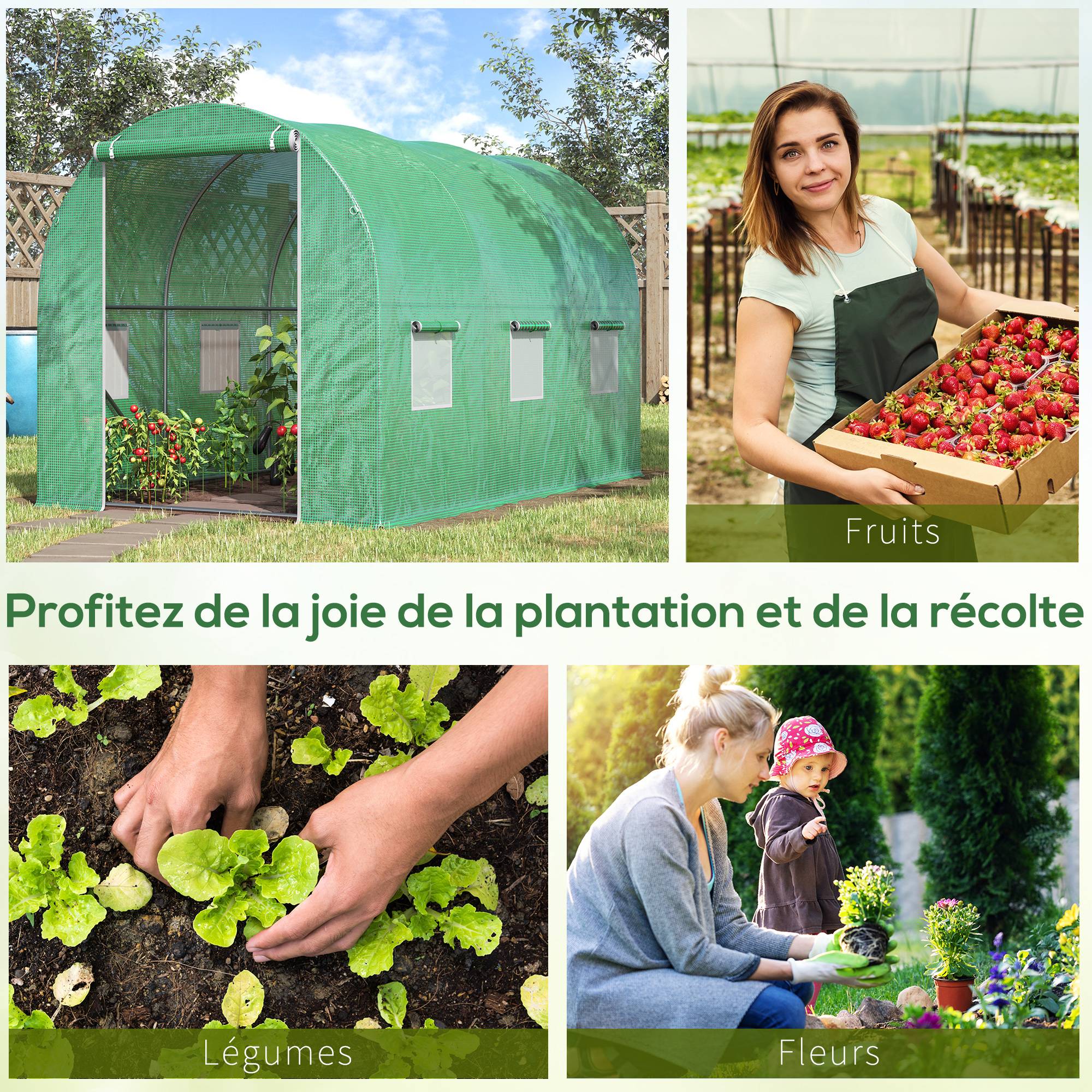 Serre de Jardin Tunnel Surface Sol 6 m² 3L x 2l x 2H m acier Porte zippée 6 fenêtres enroulables Vert - Image 9