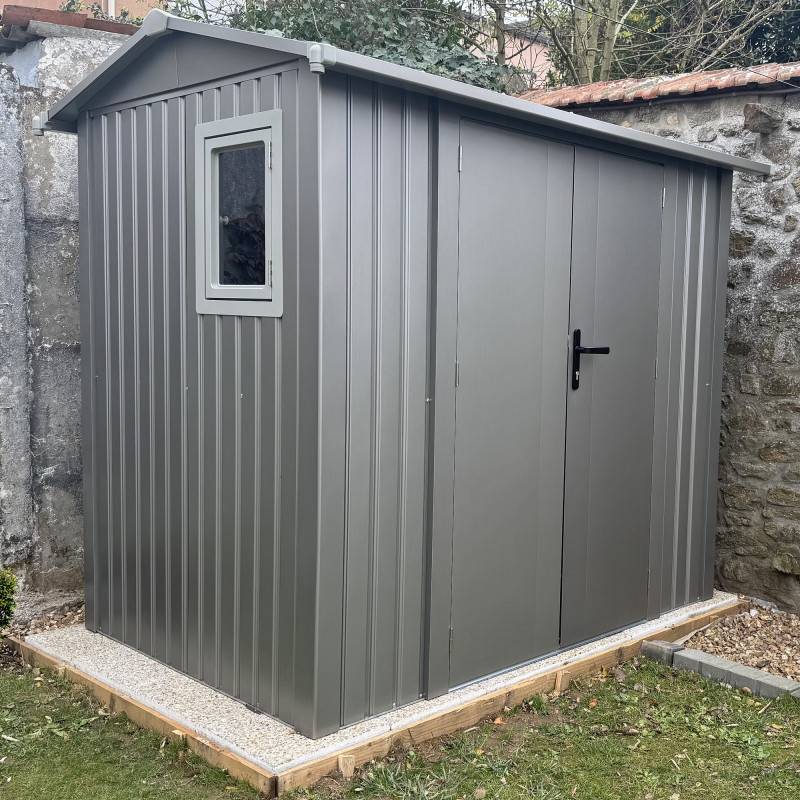 Abri de jardin 4,08m² acier galvanisé avec kit d'ancrage X-Metal Roka gris, double porte, fenêtre - Image 7