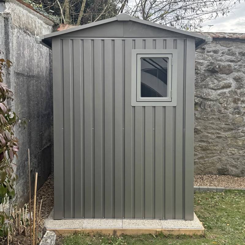 Abri de jardin 4,08m² acier galvanisé avec kit d'ancrage X-Metal Roka gris, double porte, fenêtre - Image 4