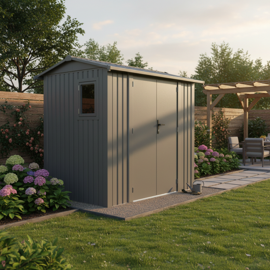 Abri de jardin 4,08m² acier galvanisé avec kit d'ancrage X-Metal Roka gris, double porte, fenêtre - Image 3