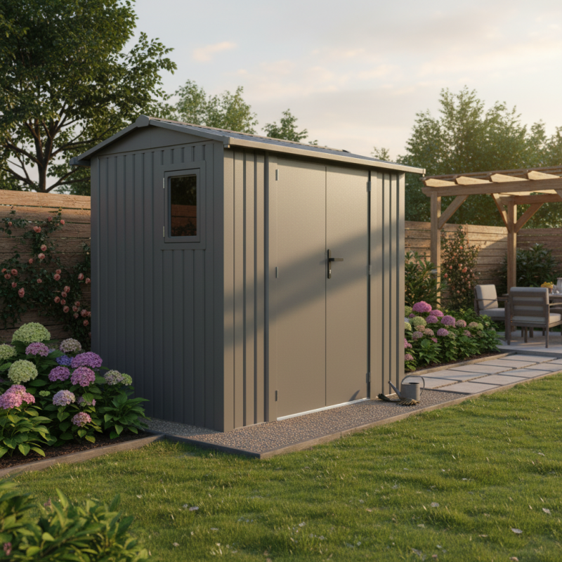 Abri de jardin 4,08m² acier galvanisé avec kit d'ancrage X-Metal Roka gris, double porte, fenêtre - Image 3