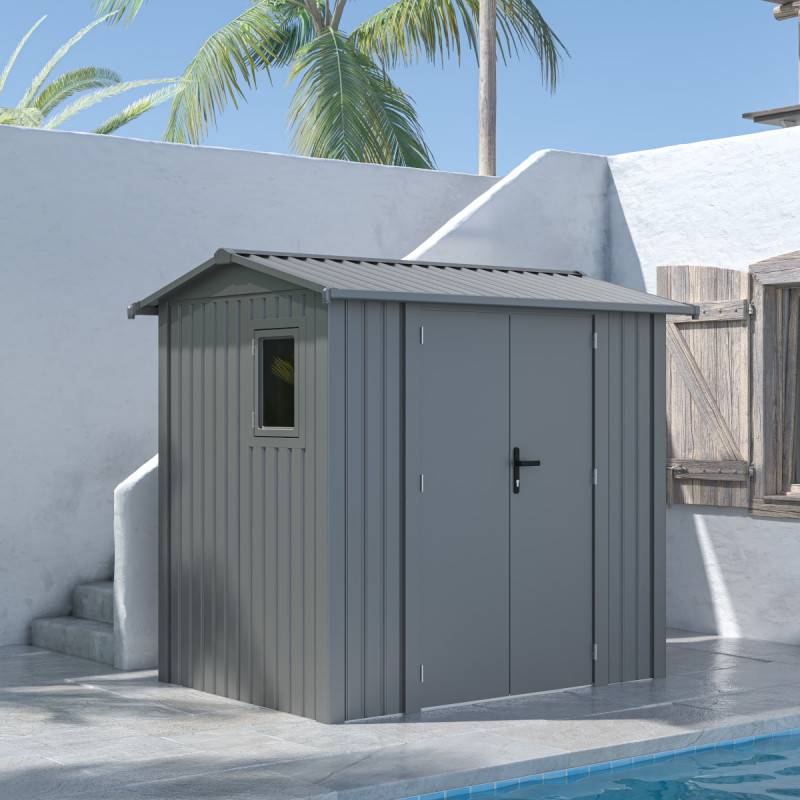 Abri de jardin 4,08m² acier galvanisé avec kit d'ancrage X-Metal Roka gris, double porte, fenêtre - Image 2