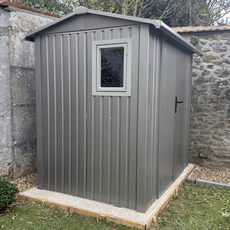 Abri de jardin 4,08m² acier galvanisé avec kit d'ancrage X-Metal Roka gris, double porte, fenêtre - Image 6