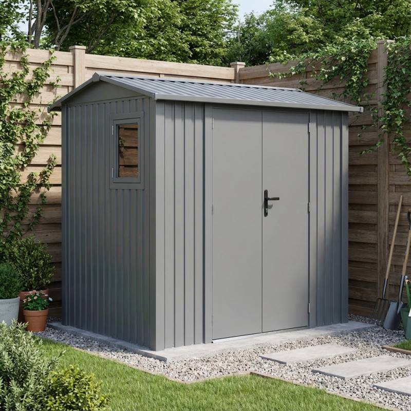 Abri de jardin 4,08m² acier galvanisé avec kit d'ancrage X-Metal Roka gris, double porte, fenêtre - Image 1