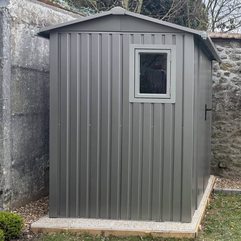 Abri de jardin 4,08m² acier galvanisé avec kit d'ancrage X-Metal Roka gris, double porte, fenêtre - Image 5