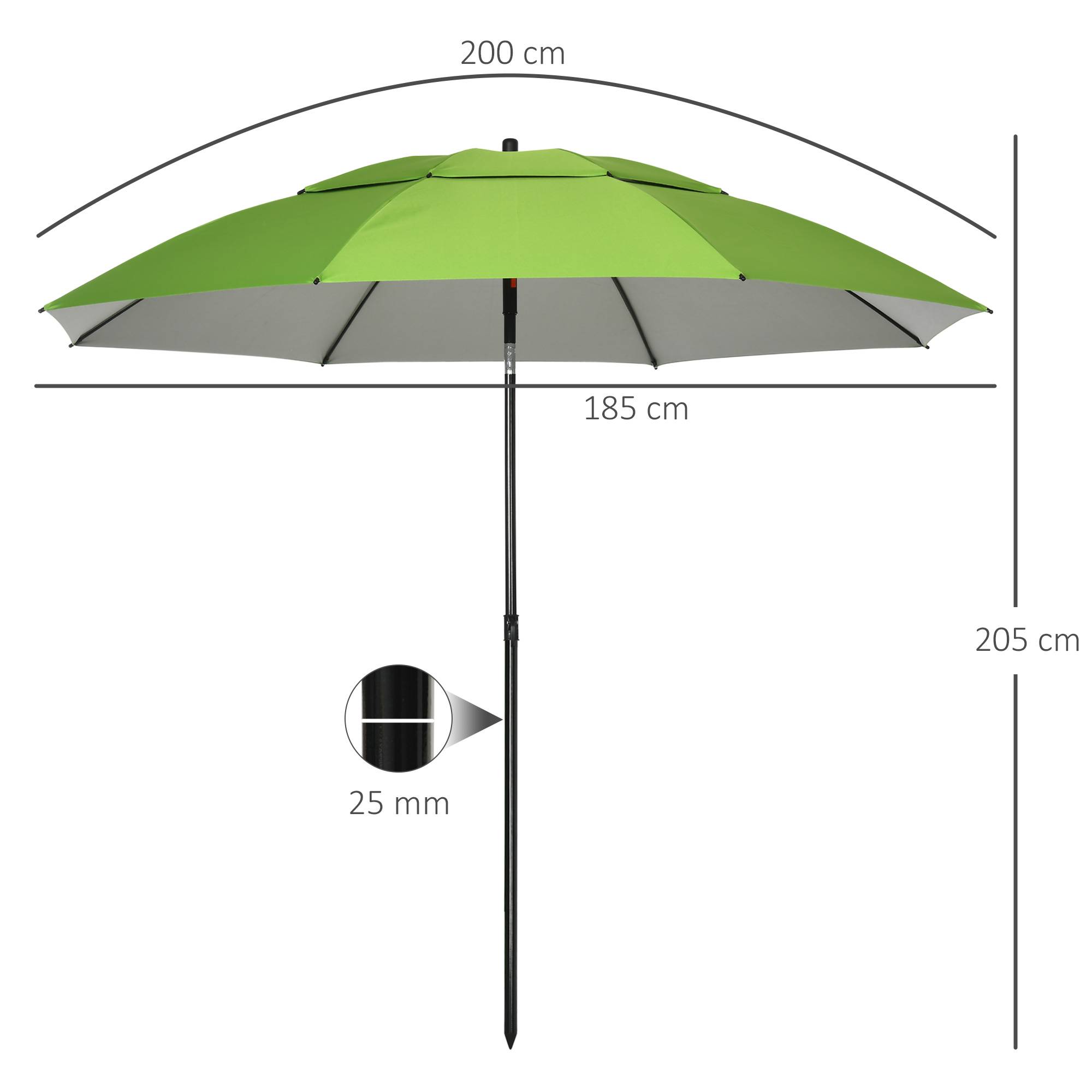 Parasol d'extérieur en métal rond inclinable protection UV30, 8 tiges - 185x185x205cm Vert fr332 - Image 5