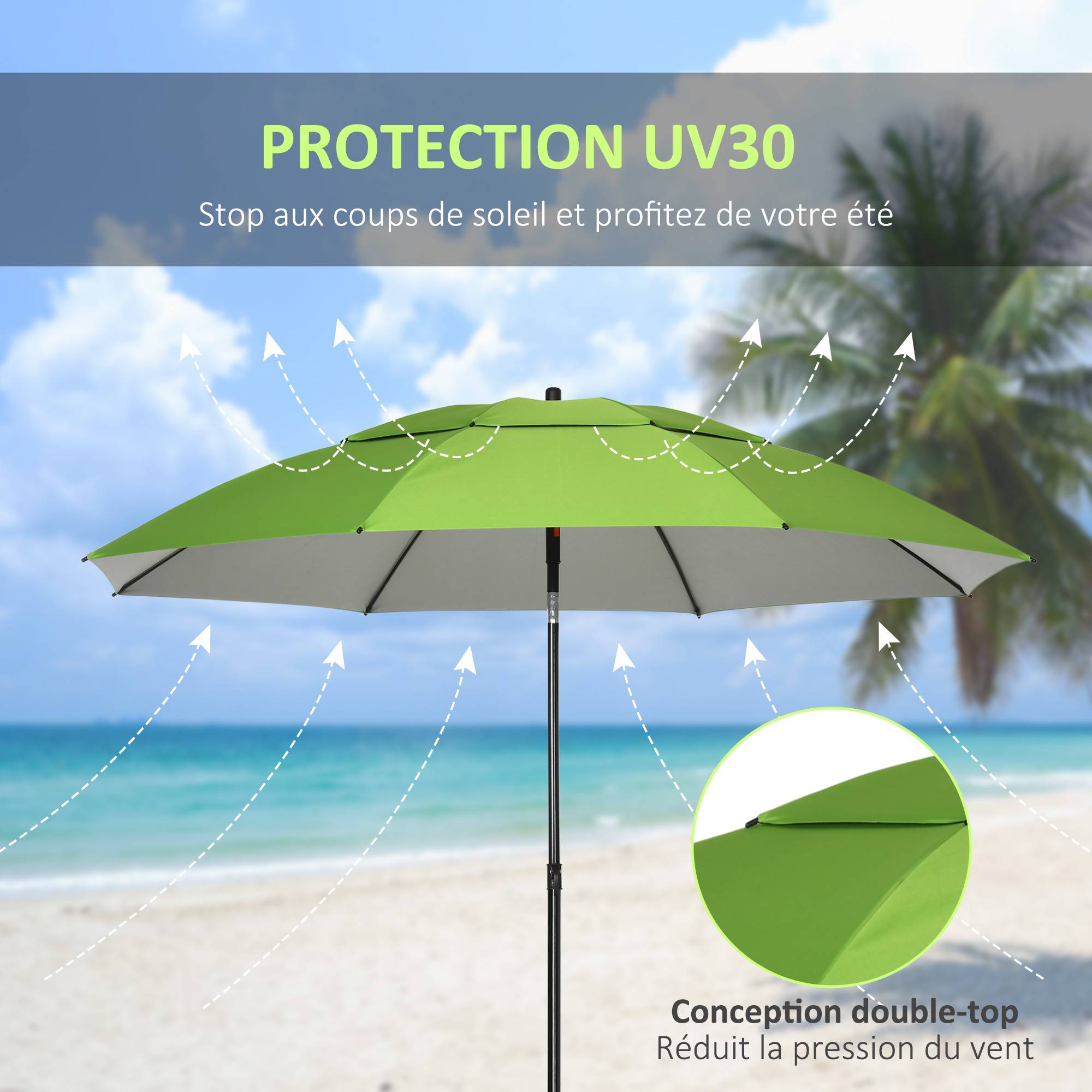 Parasol d'extérieur en métal rond inclinable protection UV30, 8 tiges - 185x185x205cm Vert fr332 - Image 6