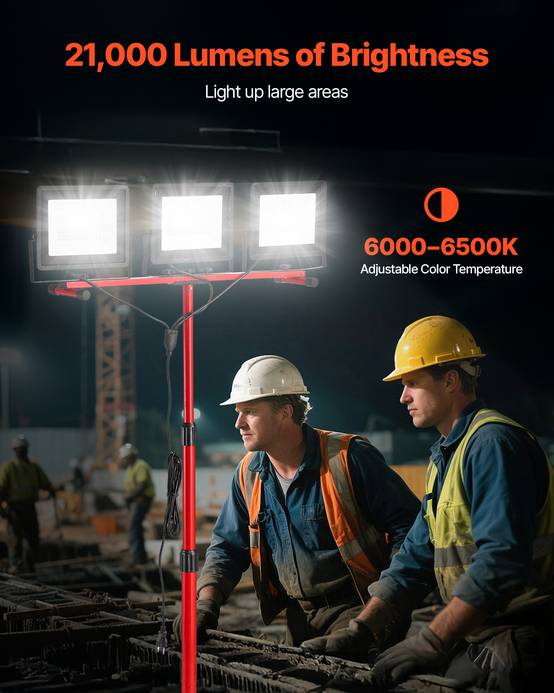 VEVOR Projecteur LED sur trépied lampe travail portable à trois têtes 21000 LM - Image 2