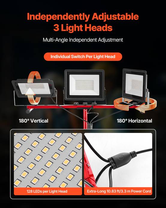 VEVOR Projecteur LED sur trépied lampe travail portable à trois têtes 21000 LM - Image 3