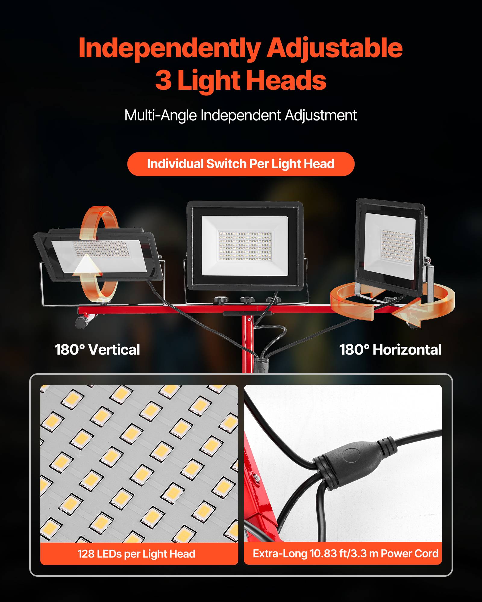 VEVOR Projecteur LED sur trépied lampe travail portable à trois têtes 21000 LM - Image 3