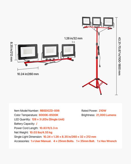 VEVOR Projecteur LED sur trépied lampe travail portable à trois têtes 21000 LM - Image 7