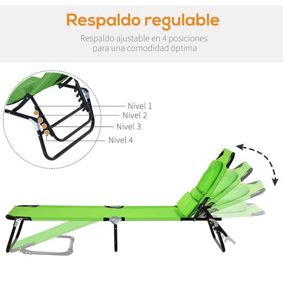 Transat Pliant Dossier 4 Positions avec Coussin, Structure Métal et Tissu Oxford, Camping/Plage/Terrasse, 120 kg, 190 x 56 x 28 cm, Vert - Image 5