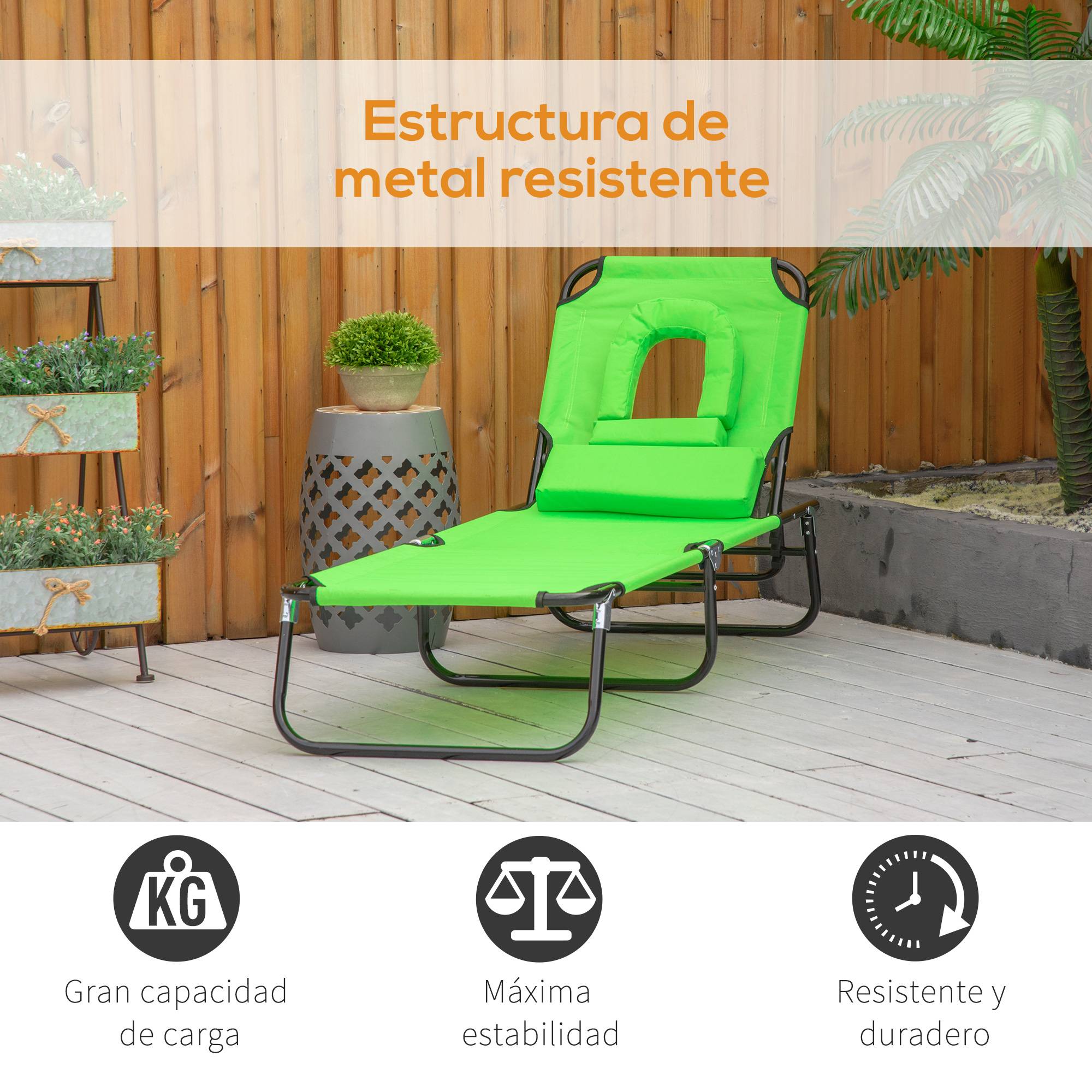 Transat Pliant Dossier 4 Positions avec Coussin, Structure Métal et Tissu Oxford, Camping/Plage/Terrasse, 120 kg, 190 x 56 x 28 cm, Vert - Image 8