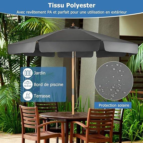 Costway - Parasol inclinable ø300cm avec manivelle anti-uv,protection solaire toile polyester imperméable, Gris - Image 10