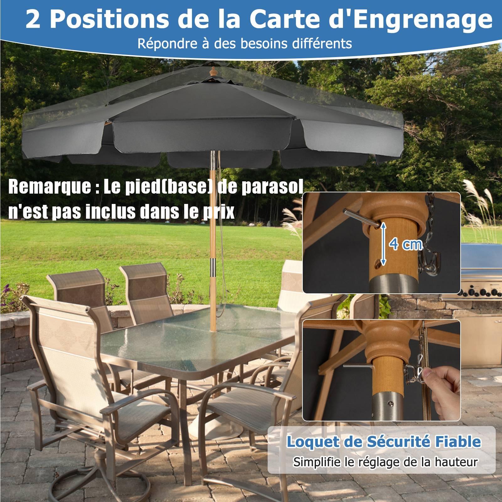 Costway - Parasol inclinable ø300cm avec manivelle anti-uv,protection solaire toile polyester imperméable, Gris - Image 6