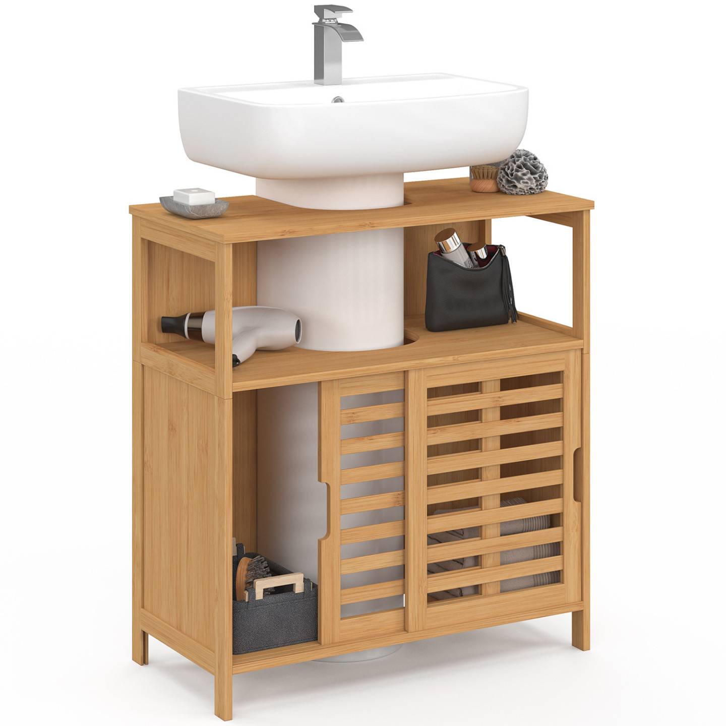 IDMARKET - Meuble sous lavabo salle de bain bambou BEA avec portes coulissantes - Image 4