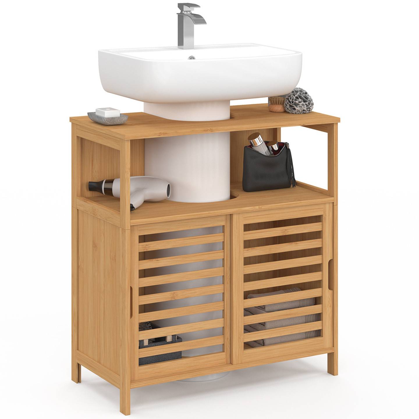 IDMARKET - Meuble sous lavabo salle de bain bambou BEA avec portes coulissantes - Image 2