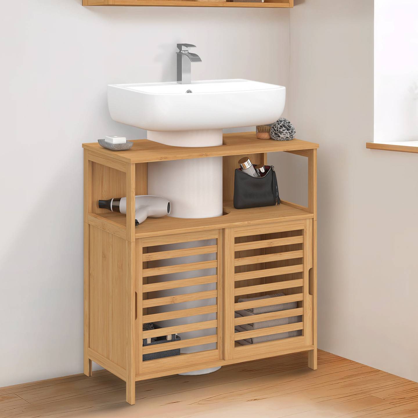 IDMARKET - Meuble sous lavabo salle de bain bambou BEA avec portes coulissantes - Image 1