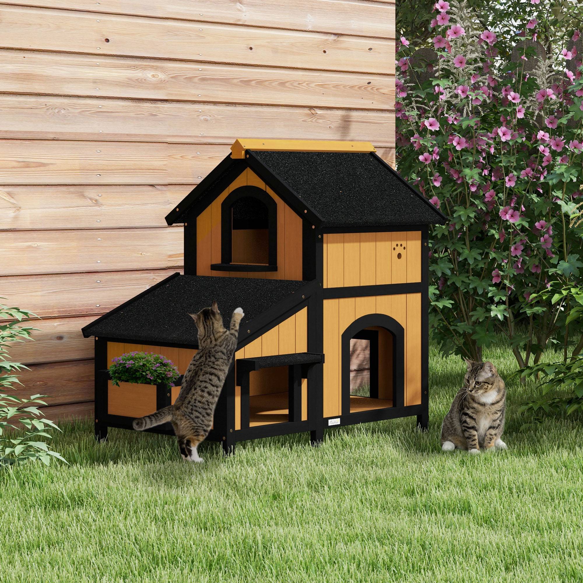 Maison pour Chat en Bois Abri Extérieur 2 Niveaux avec Toit Incliné pour Jardin 96x65x85,5 cm - ComfortXL Outdoor Living - Image 3
