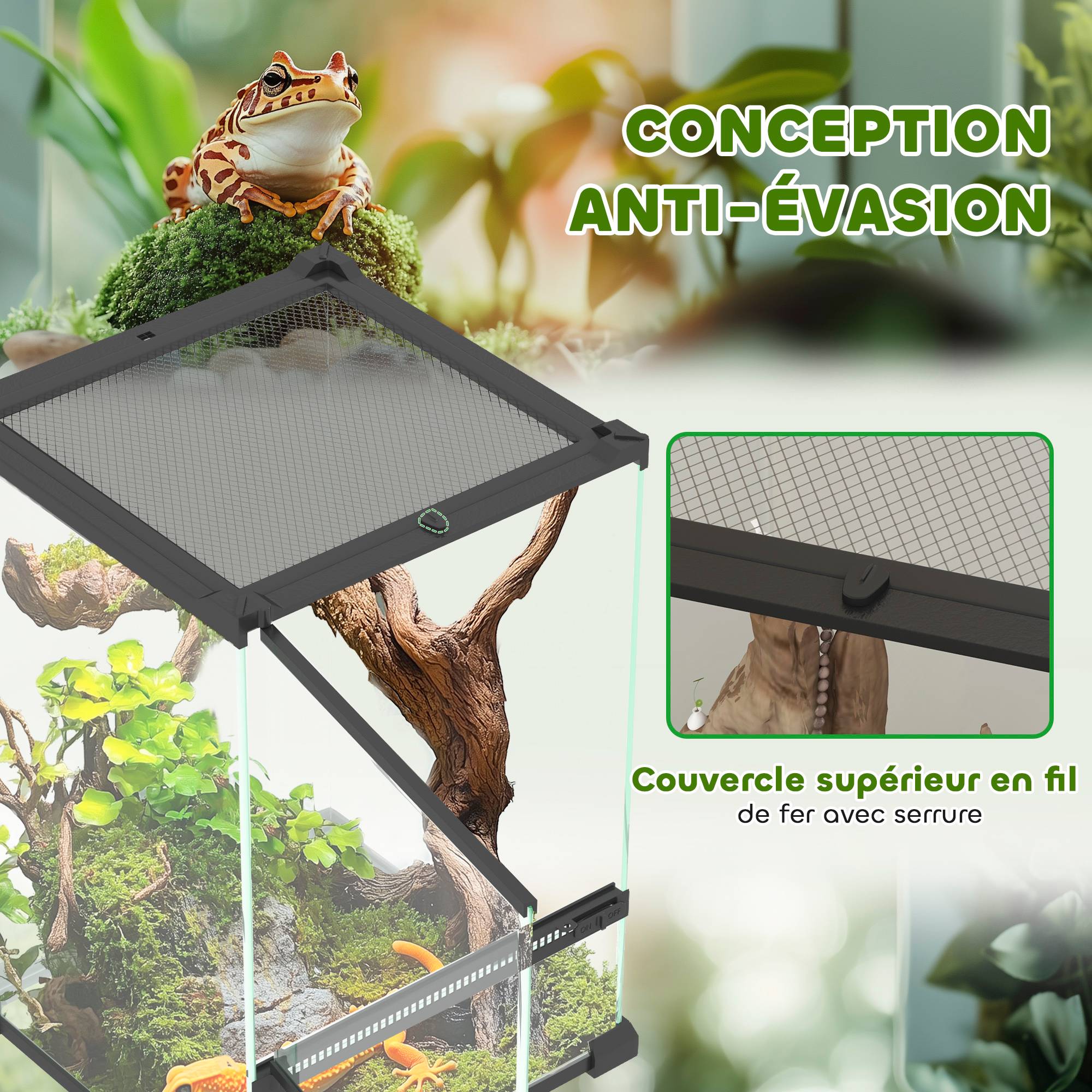 Sans Marque - Terrarium en verre pour reptiles vivarium 12 L avec couvercle en treillis métallique, 20 x 20 x 30 cm, noir - Image 8