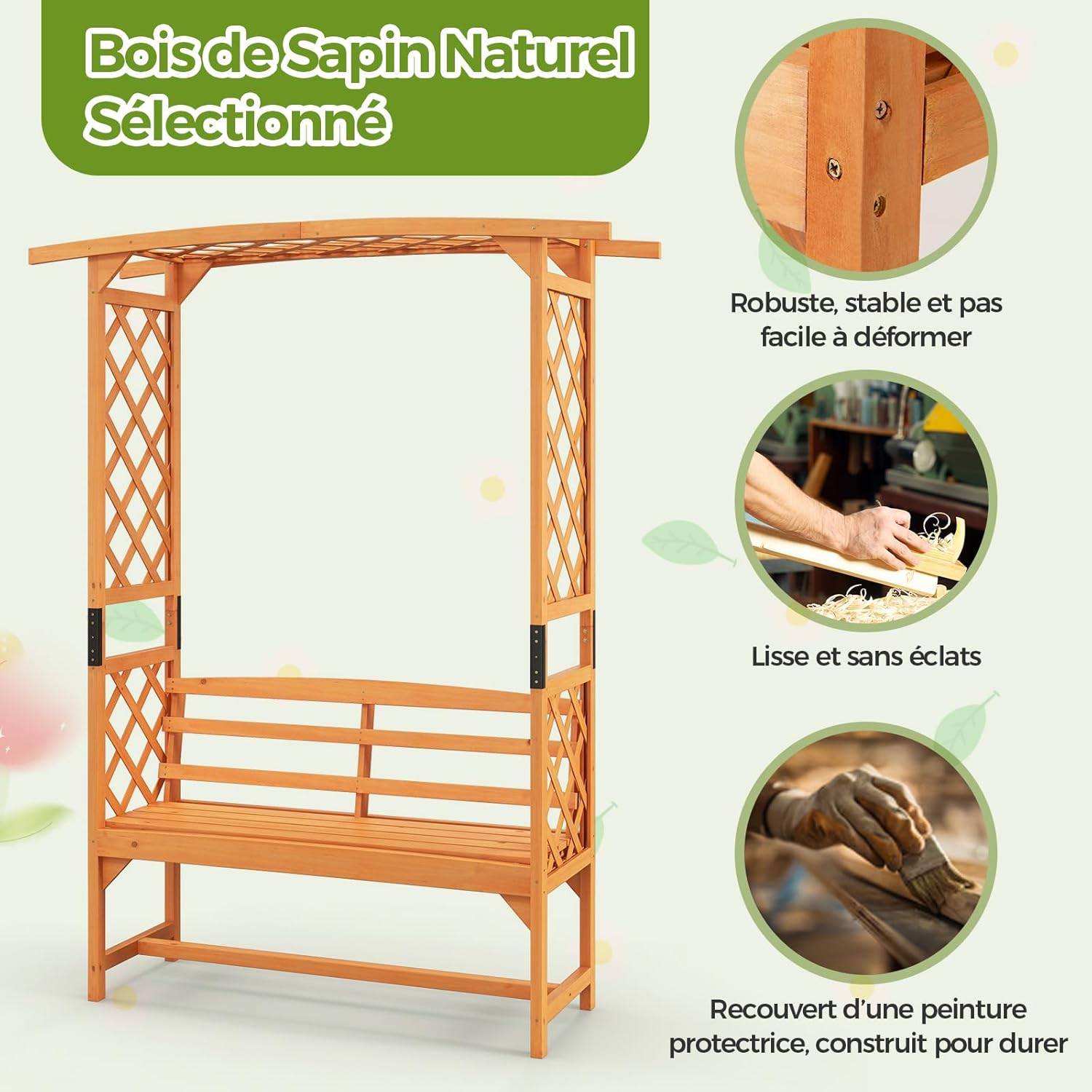 Arche de Jardin pour Plantes Grimpantes avec Banc 2 Places à Charge 300 KG, Siège Décoratif Vigne Rosier en Bois Extérieure 160 x 50 x 199 cm - Image 5