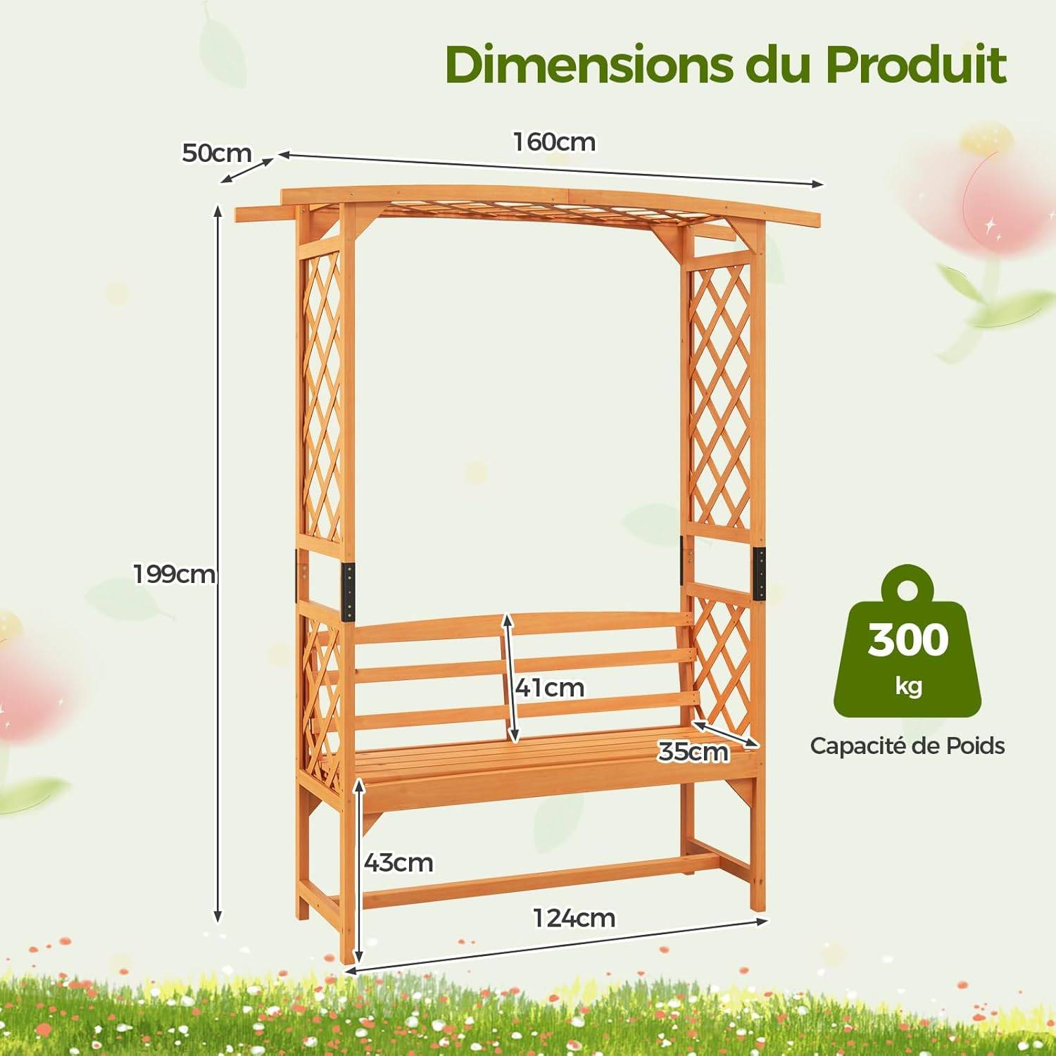Arche de Jardin pour Plantes Grimpantes avec Banc 2 Places à Charge 300 KG, Siège Décoratif Vigne Rosier en Bois Extérieure 160 x 50 x 199 cm - Image 4