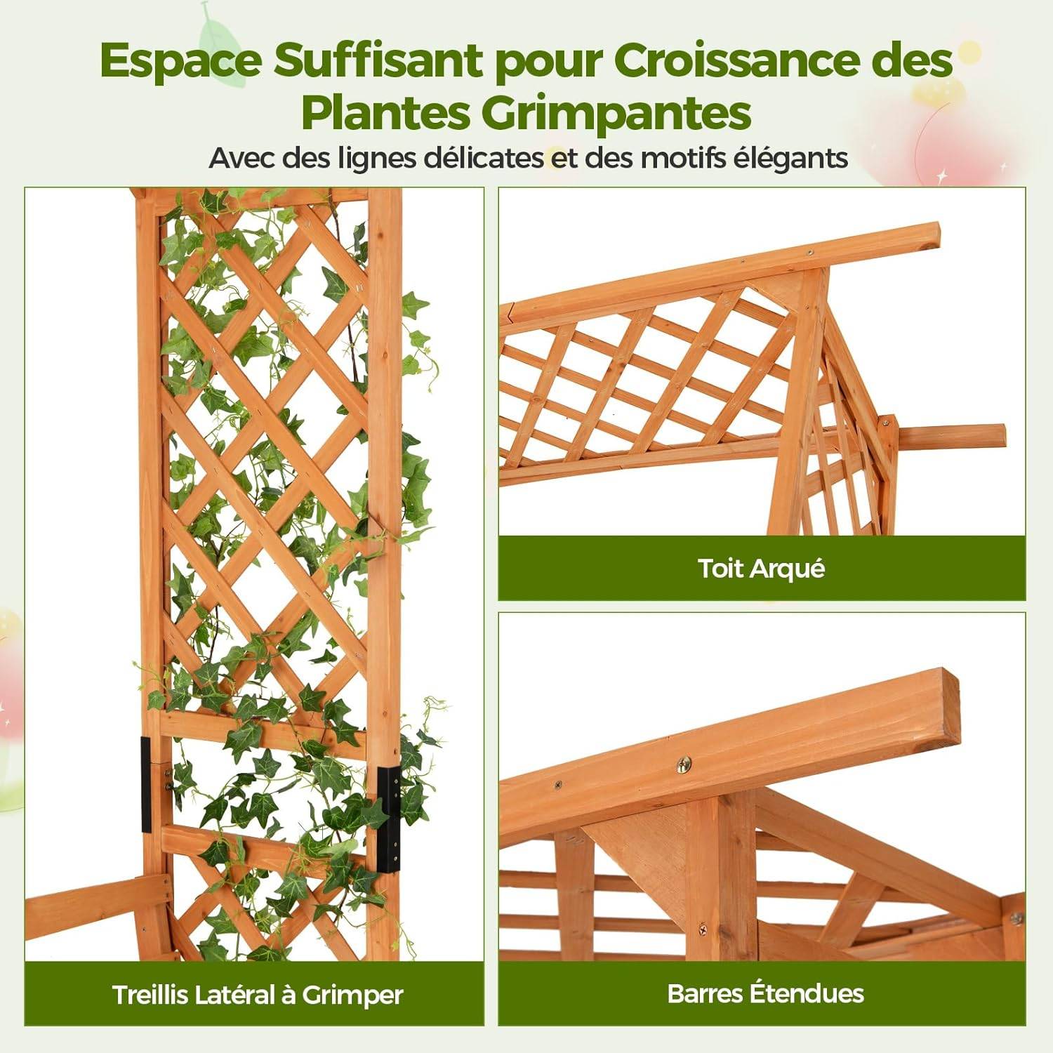 Arche de Jardin pour Plantes Grimpantes avec Banc 2 Places à Charge 300 KG, Siège Décoratif Vigne Rosier en Bois Extérieure 160 x 50 x 199 cm - Image 2