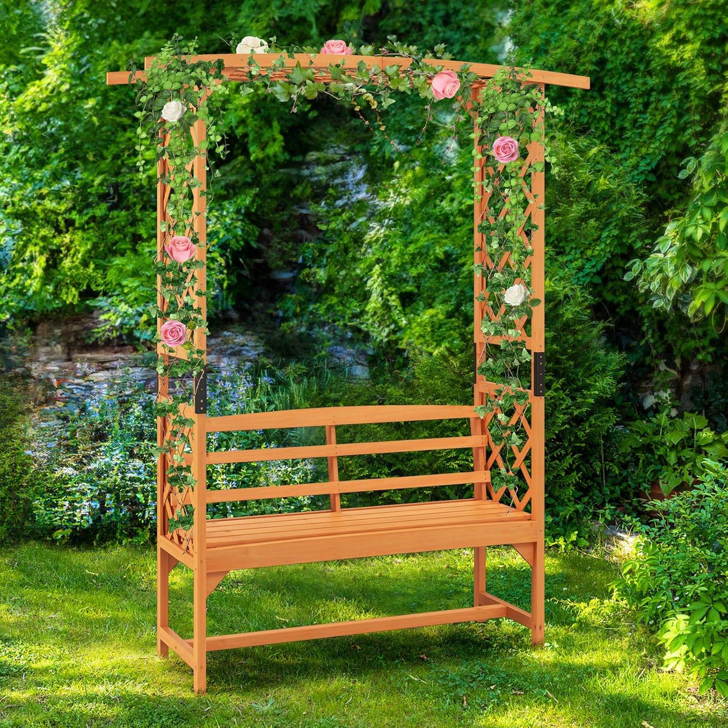 Arche de Jardin pour Plantes Grimpantes avec Banc 2 Places à Charge 300 KG, Siège Décoratif Vigne Rosier en Bois Extérieure 160 x 50 x 199 cm - Image 1