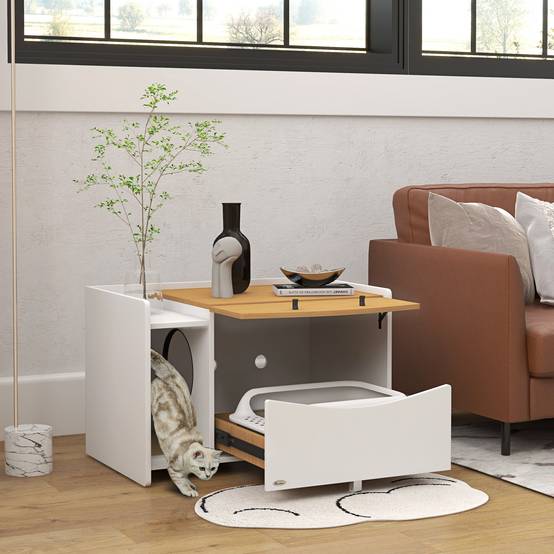 Sans Marque - Bac à litière extensible pour chat, design meuble, compartiment à litière, 78 x 50 x 51 cm, chêne/blanc - Image 3