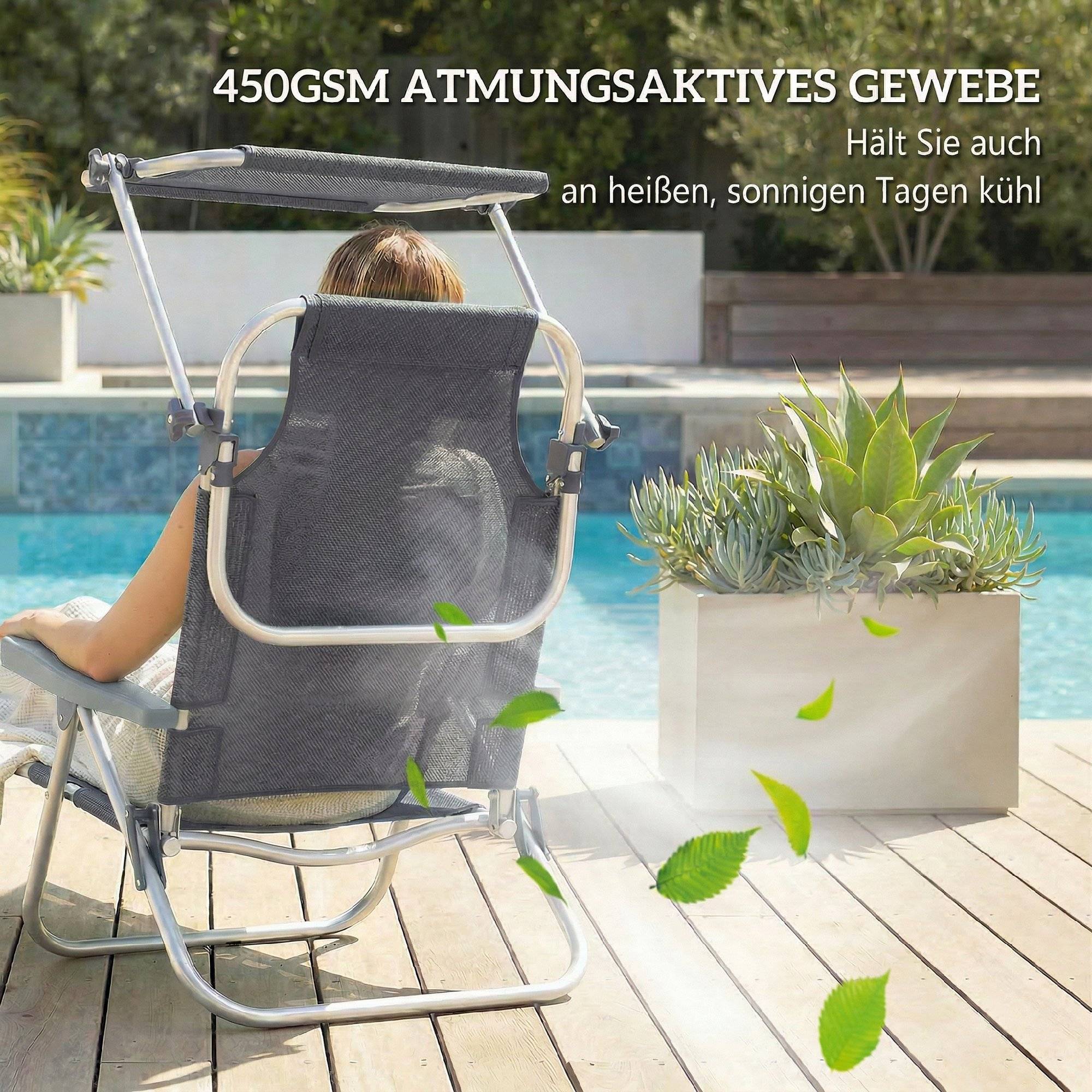 Transat pliant de jardin avec appui-tête, auvent réglable, dossier inclinable 6 positions, 62 x 68 x 79 cm, gris foncé - Image 9