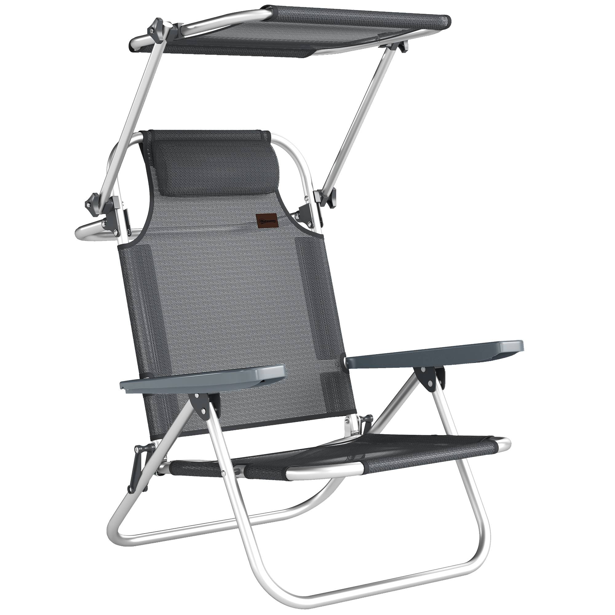 Transat pliant de jardin avec appui-tête, auvent réglable, dossier inclinable 6 positions, 62 x 68 x 79 cm, gris foncé - Image 1